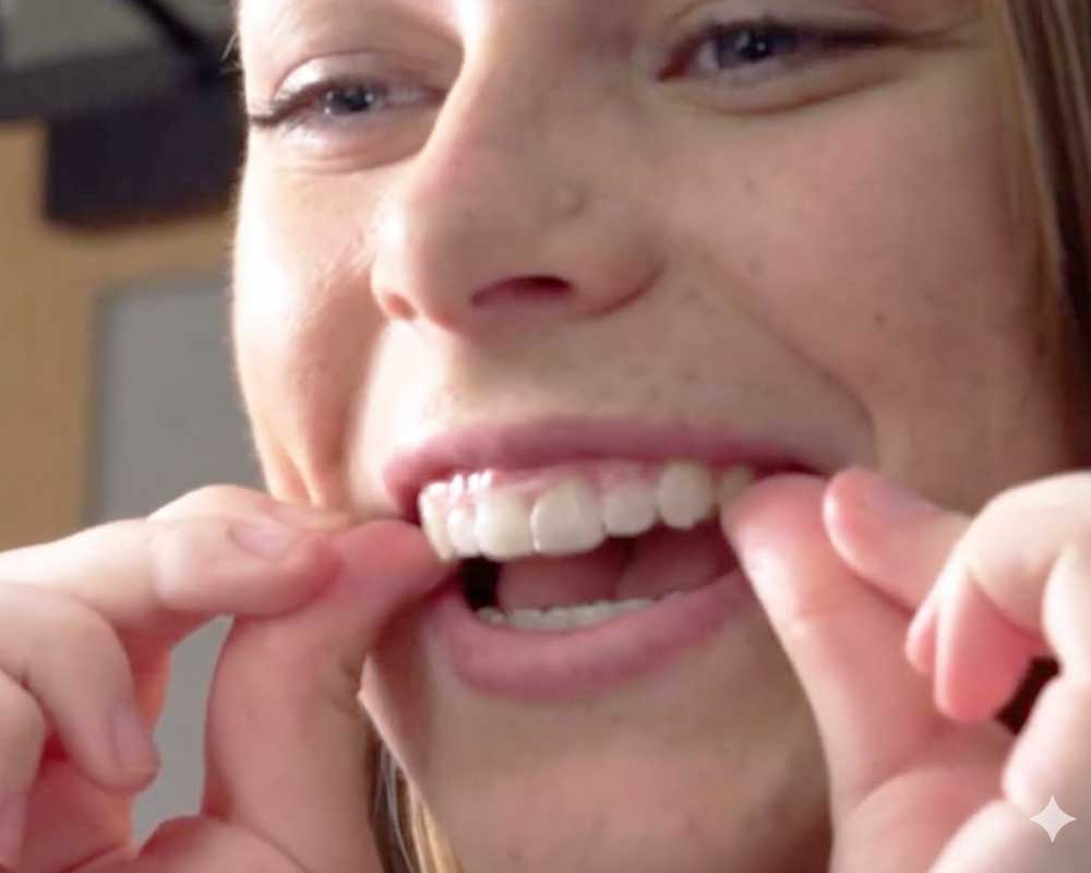 Person fitting clear dental aligners at Whittier Palm Dental in Montebello, CA